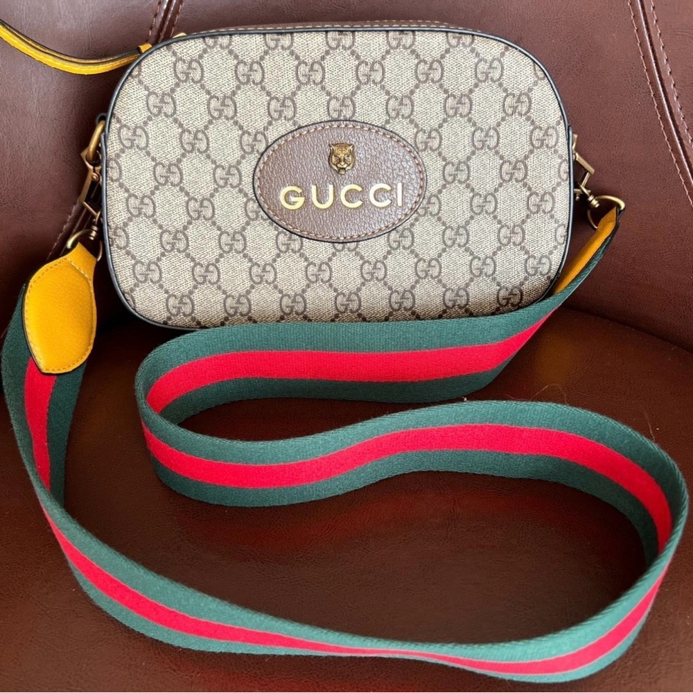 Signature Beige Crossbody Bag with Red and Green Strap